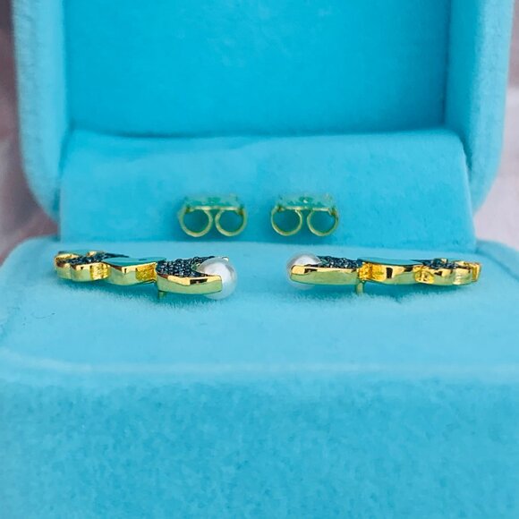 TOUS 4-shapes Cluster Mini Pearl Bear Moon Star Heart Pin Gold Black Earrings - Picture 4 of 15